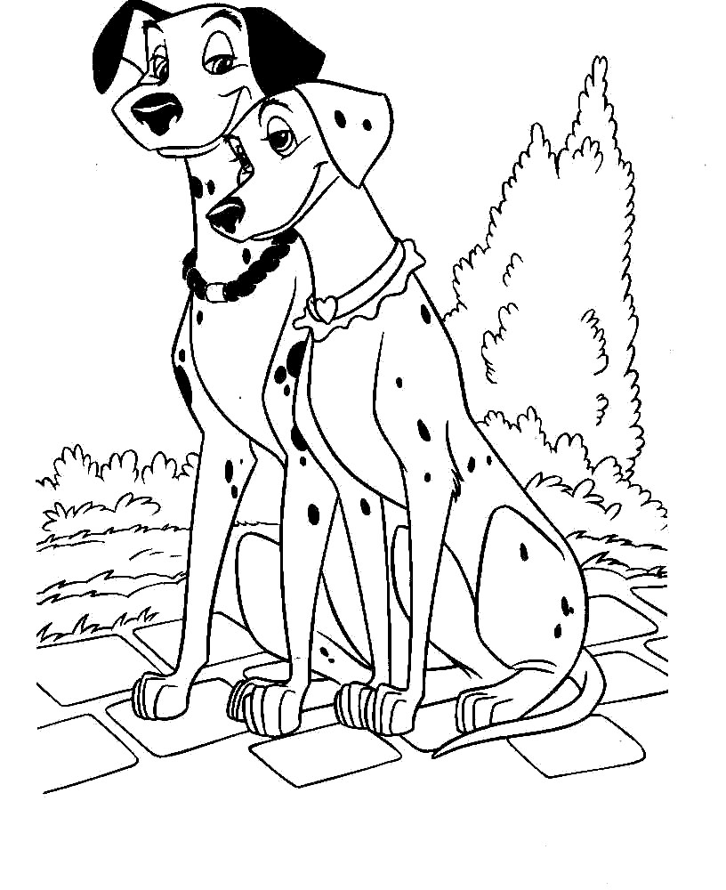 Coloriage des 101 Dalmatiens avec les chiots jouant dans un jardin
