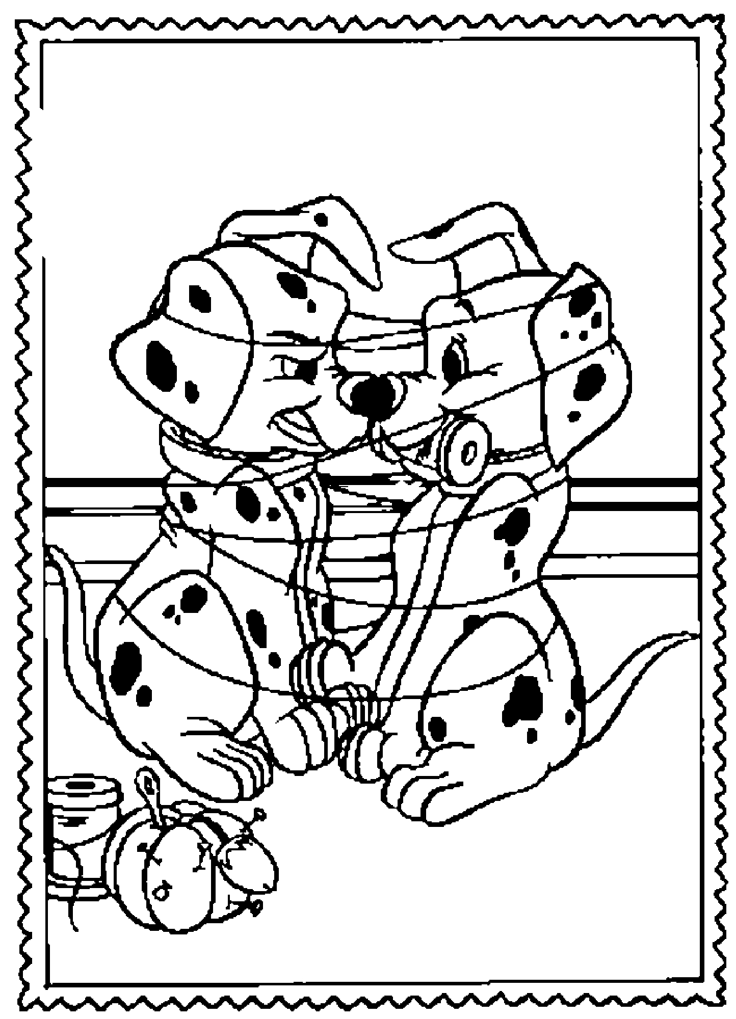 Coloriage des 101 Dalmatiens avec des chiots jouant dans un jardin