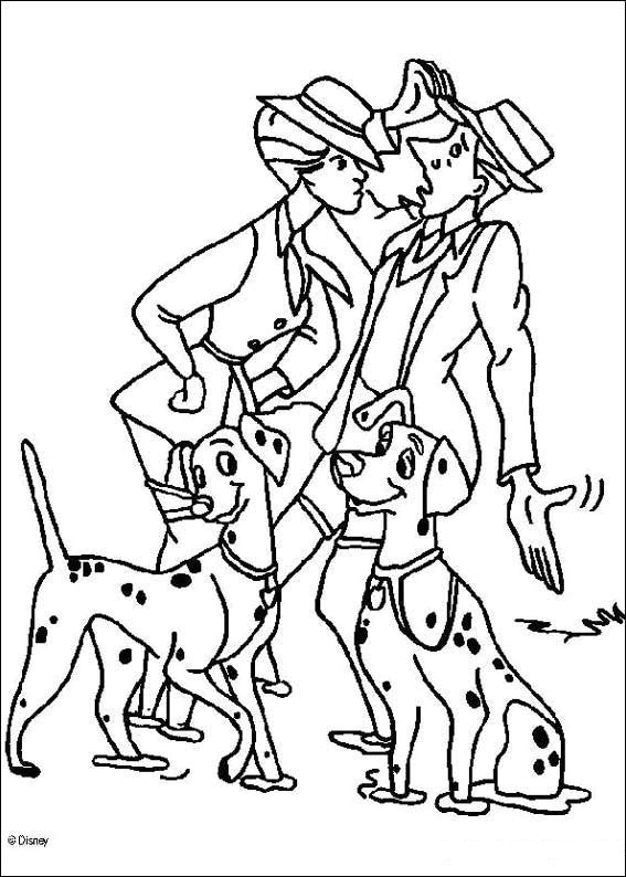 Coloriage des 101 Dalmatiens avec des chiots et un décor de maison