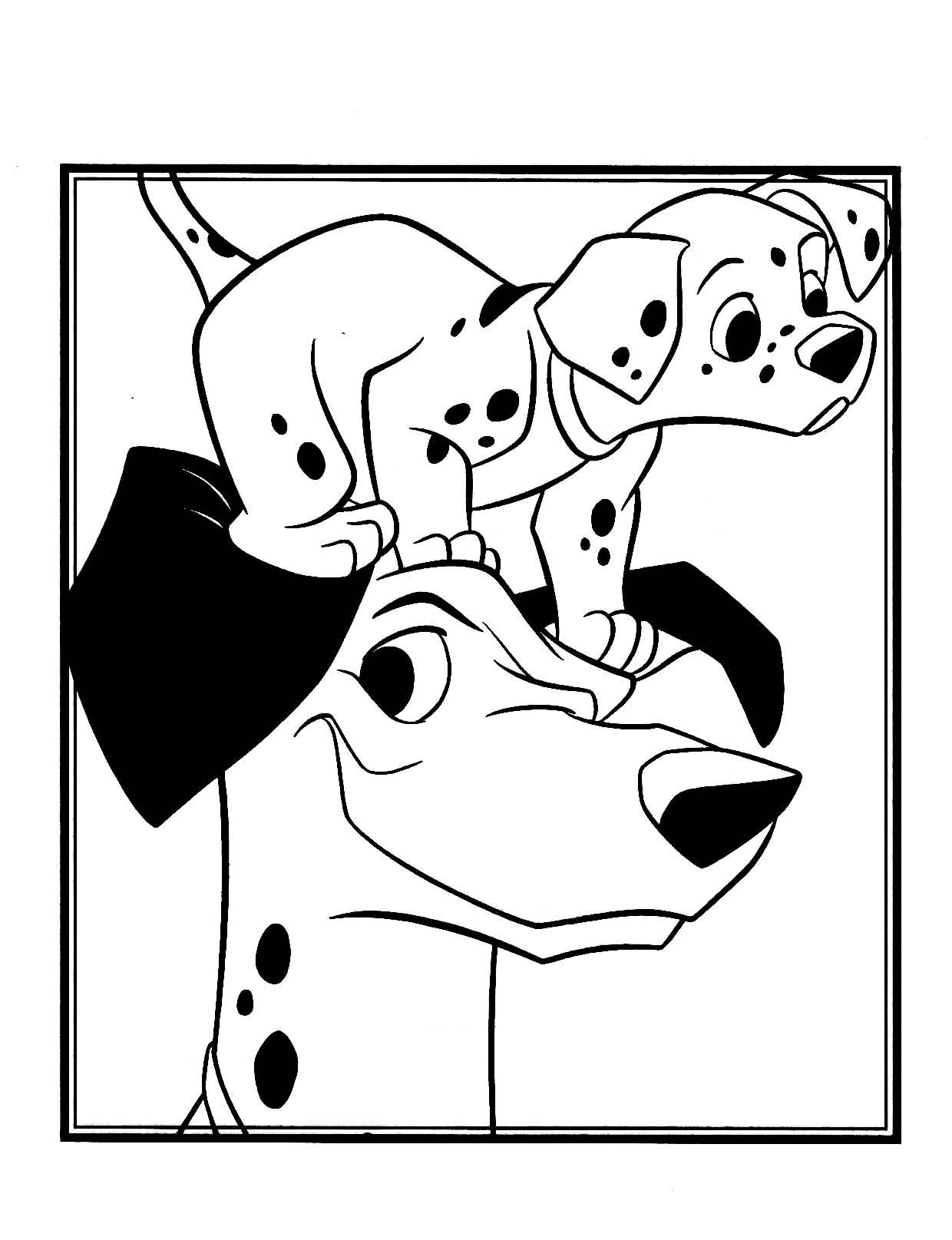 Coloriage des 101 Dalmatiens avec des chiots jouant dans un jardin