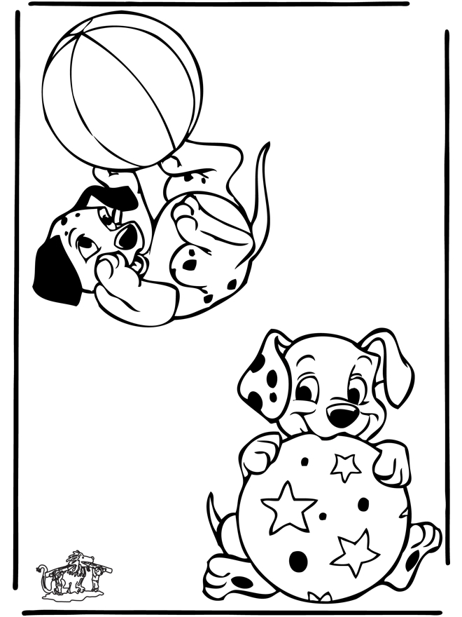 Coloriage des 101 Dalmatiens avec les chiots jouant dans le jardin