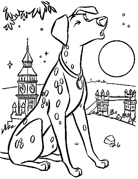 Coloriage des 101 Dalmatiens avec les chiots dans un décor en plein air