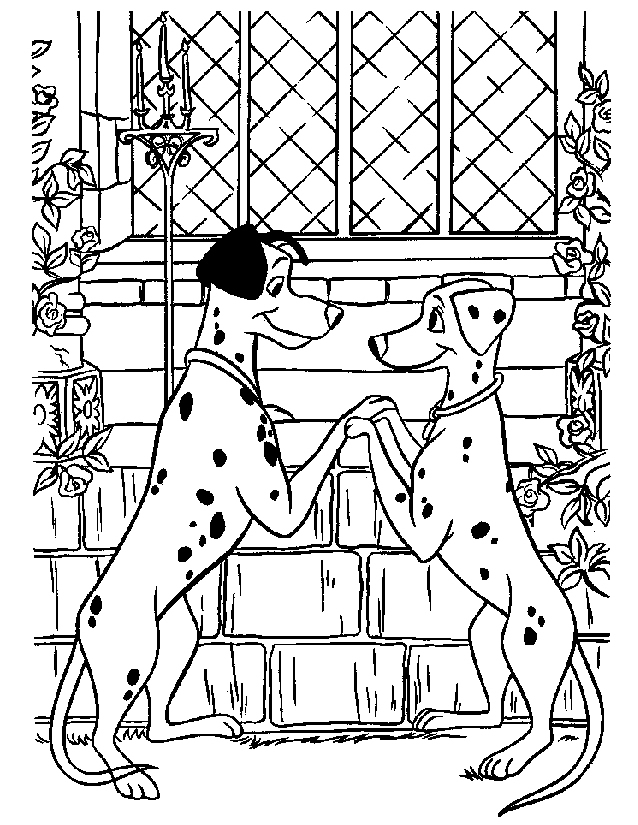 Coloriage des 101 Dalmatiens : les chiots en balade dans un parc
