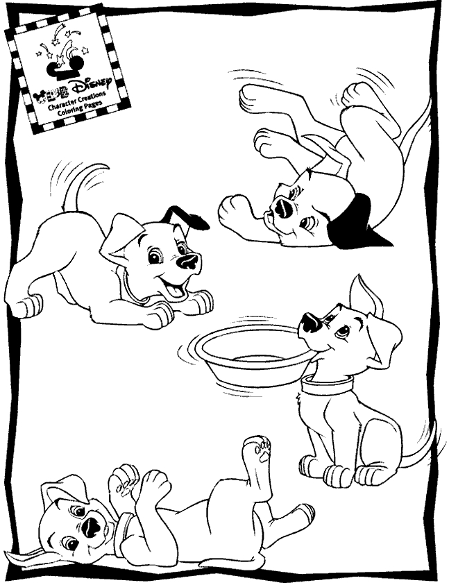 Coloriage des 101 Dalmatiens avec plusieurs chiots en action