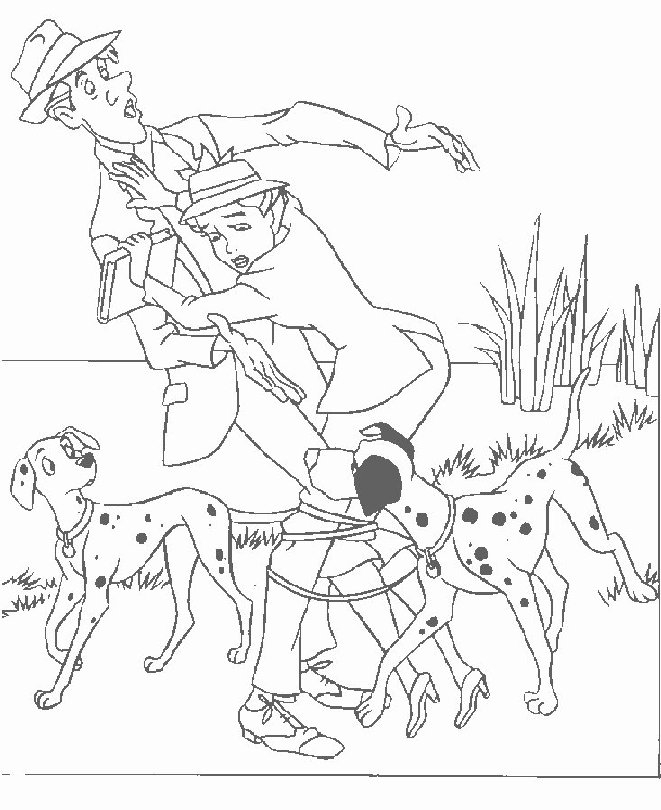 Coloriage des 101 Dalmatiens avec des chiots espiègles dans un jardin