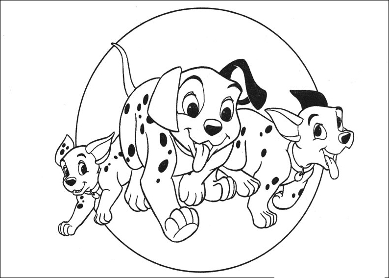 Coloriage des 101 Dalmatiens : Pongo et Perdita entourés de leurs chiots dans un jardin