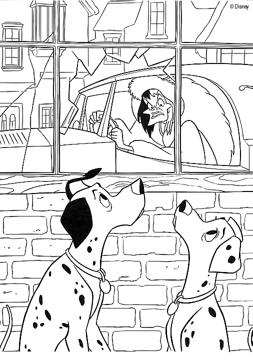 Coloriage des personnages principaux des 101 Dalmatiens dans un environnement extérieur