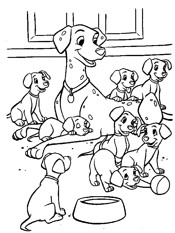 Coloriage des 101 Dalmatiens avec des chiots joueurs dans un cadre extérieur