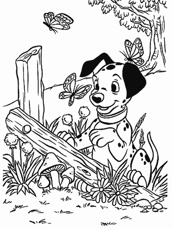 Les 101 Dalmatiens jouant dans un jardin ensoleillé