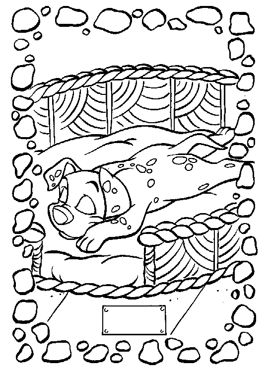 Coloriage des 101 Dalmatiens avec les chiots jouant dans un jardin