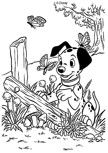 Coloriage des 101 Dalmatiens avec des chiots joueurs dans un jardin