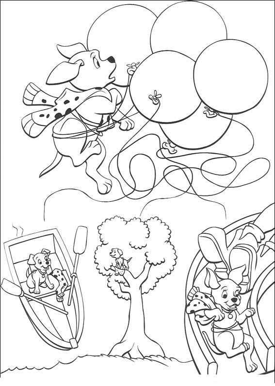 Coloriage des 101 Dalmatiens avec des chiots espiègles dans un jardin