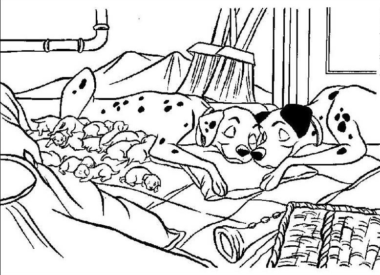 Coloriage des 101 Dalmatiens avec les chiots jouant dans le jardin