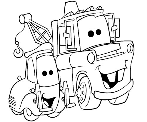 Coloriage de Flash McQueen sur la route avec des montagnes en arrière-plan