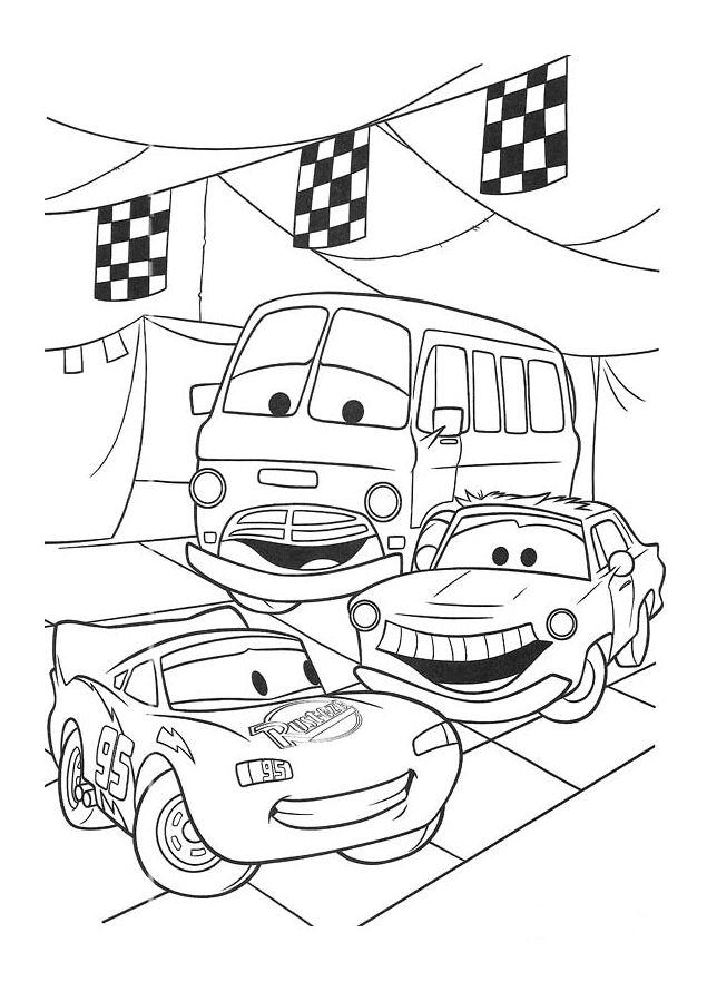 Coloriage d'une scène de voitures animées de Cars sur un fond simple