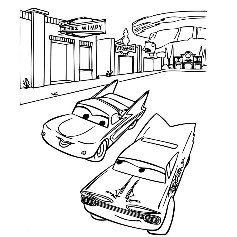 Coloriage de la voiture Lightning McQueen sur une route avec un paysage de montagne Coloriage de la voiture Lightning McQueen sur une route avec un paysage de montagne