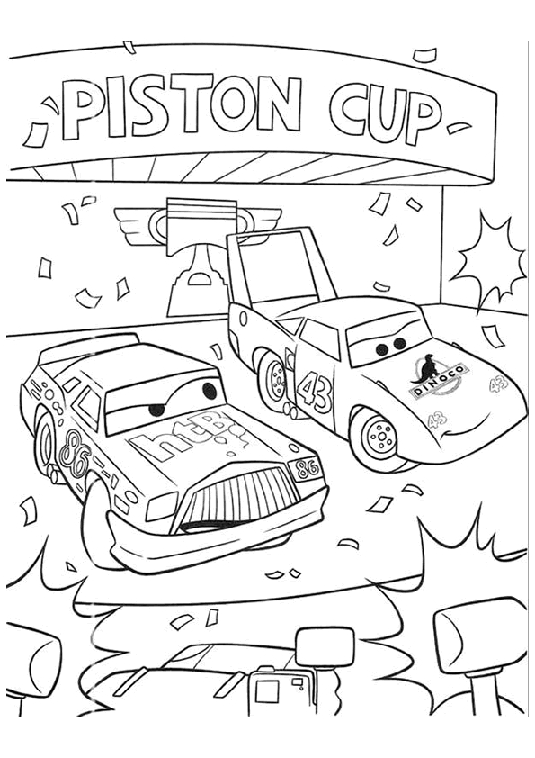 Coloriage de voitures de course sur une route sinueuse entourée de montagnes