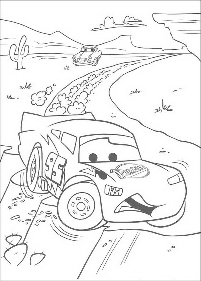 Coloriage de personnages de Cars sur une route ensoleillée