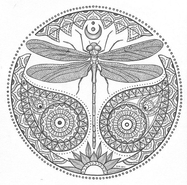 Coloriage d'une libellule en vol sur un fond floral