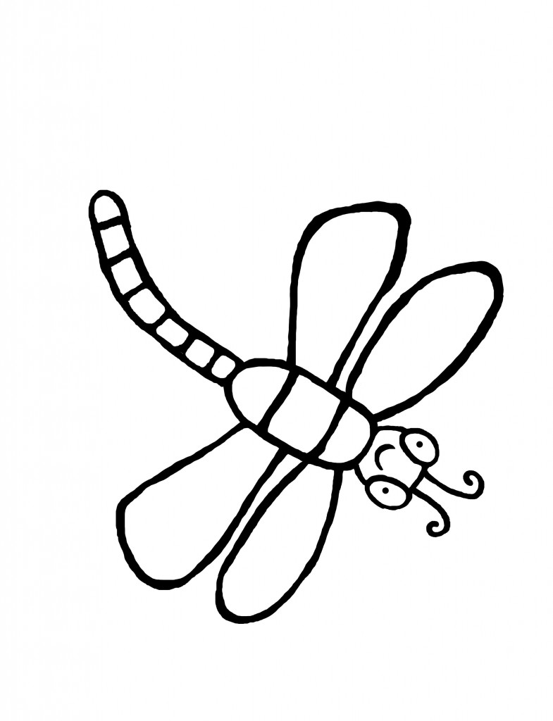Coloriage d'une libellule posée sur une tige au milieu de fleurs