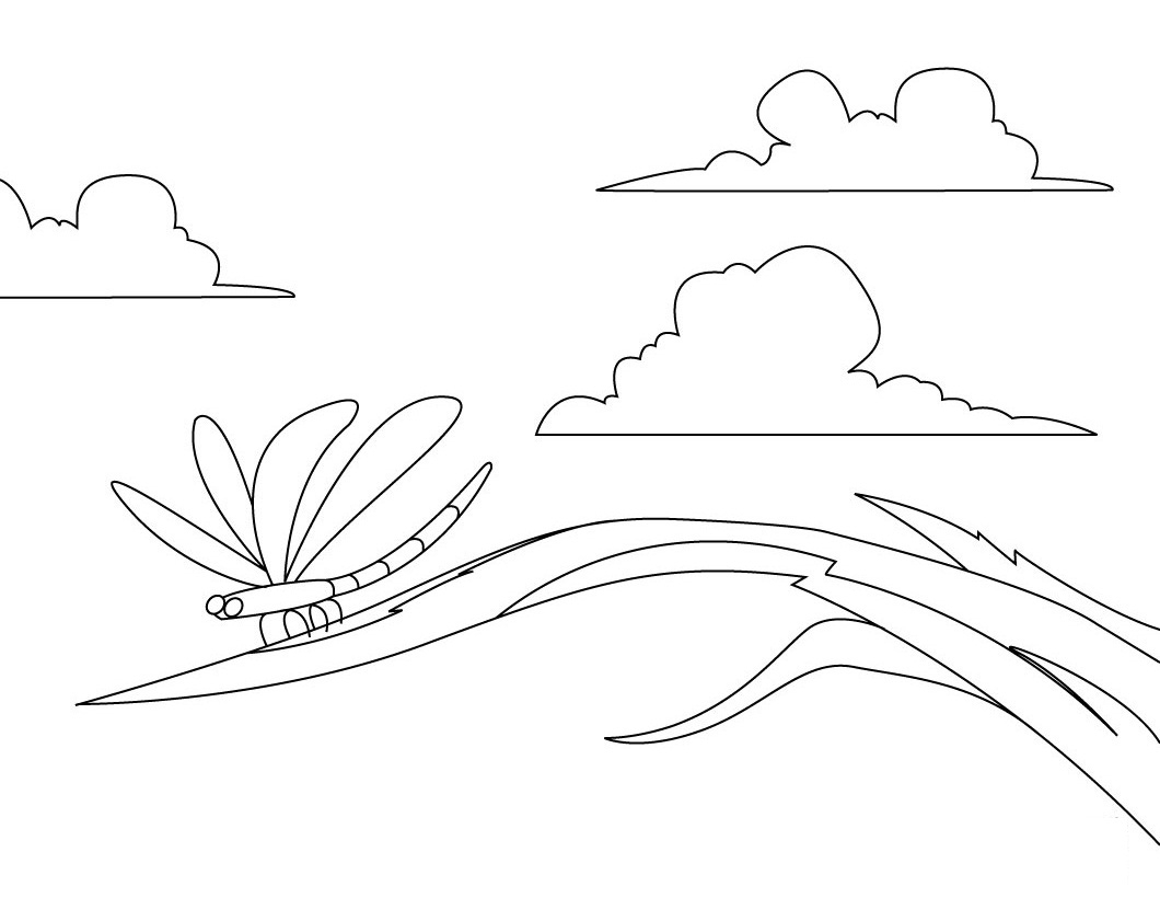 Coloriage d'une libellule posée sur une tige à l'ombre