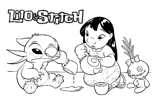 Lilo et Stitch jouant sur la plage avec des palmiers en arrière-plan