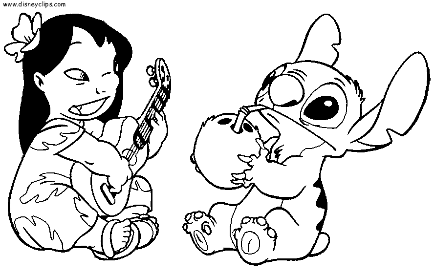 Coloriage de Lilo et Stitch en train de s'amuser sur une plage