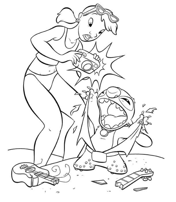 Lilo et Stitch jouant sur la plage avec des palmiers en arrière-plan