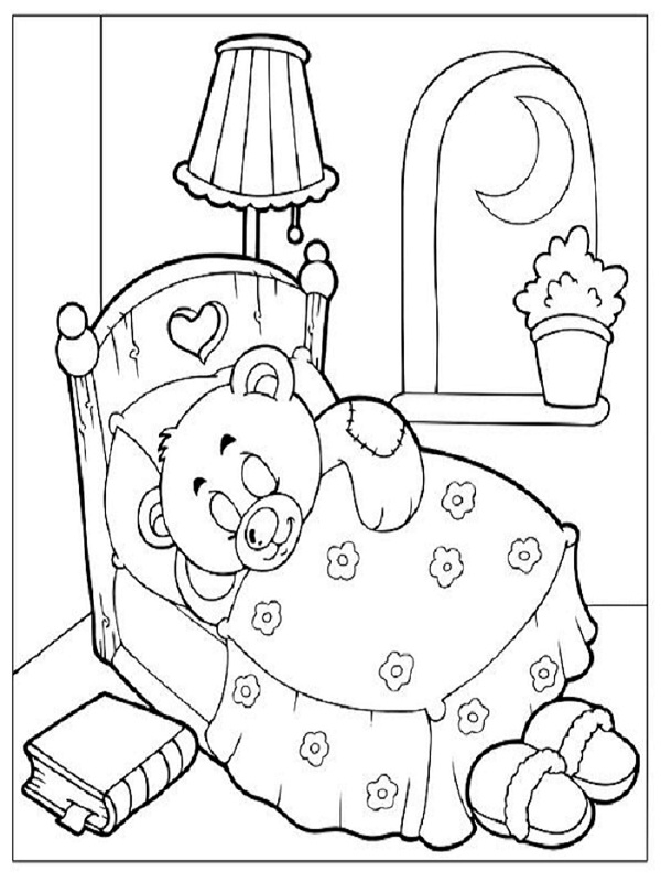 Coloriage d'un lit douillet entouré d'objets de confort Coloriage d'un lit douillet entouré d'objets de confort