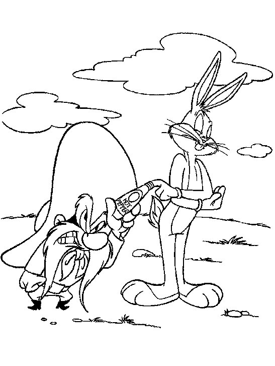 Coloriage de Bugs Bunny et Daffy Duck dans un décor ludique