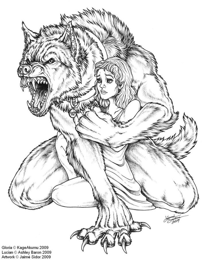 Coloriage d'un loup-garou dans un décor nocturne