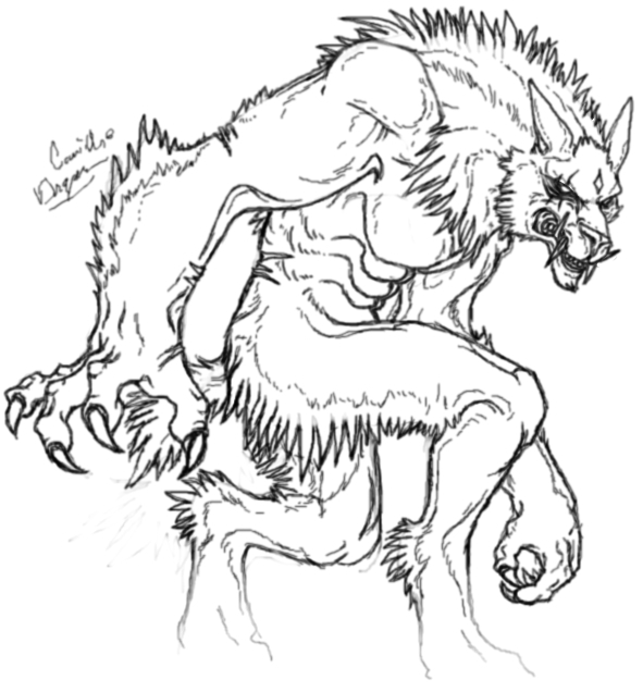 Coloriage d'un loup-garou dans un décor nocturne