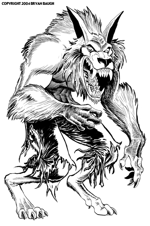 Coloriage d'un loup-garou hurlant à la lune dans une forêt