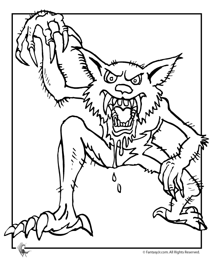 Coloriage d'un loup-garou dans une forêt nocturne