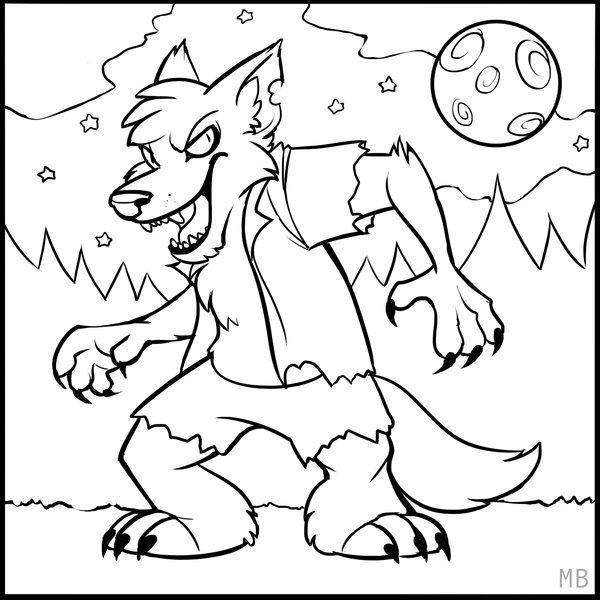 Coloriage d'un loup-garou en pleine transformation dans une forêt nocturne
