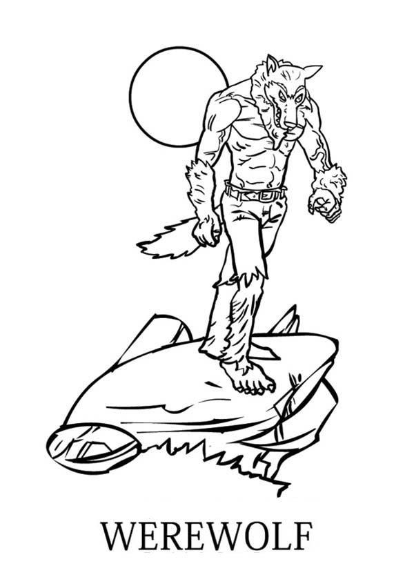 Coloriage d'un loup-garou sous la pleine lune dans une forêt