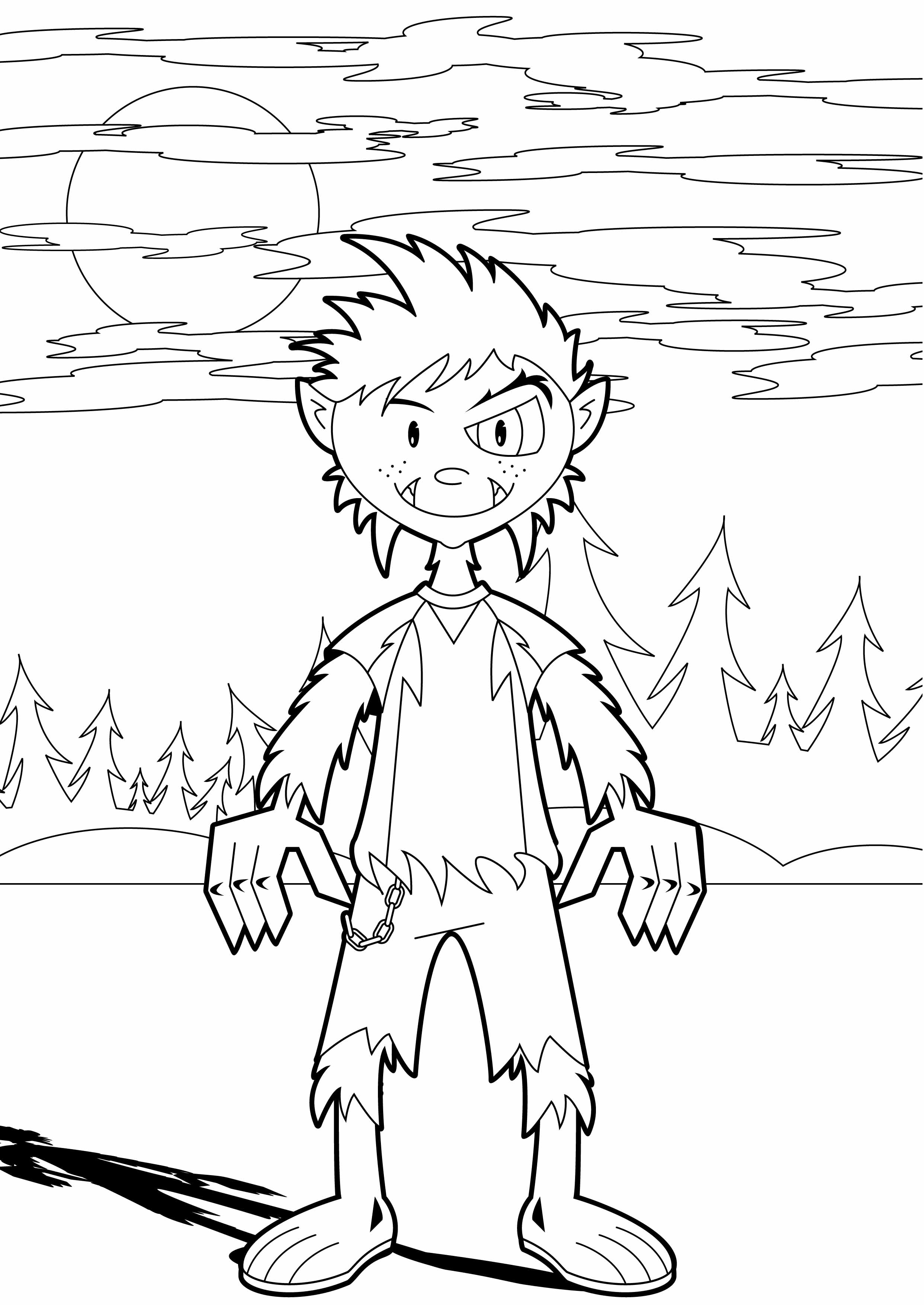 Coloriage d'un loup-garou dans la forêt nocturne