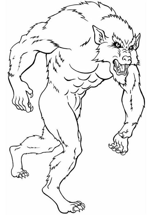 Coloriage d'un loup-garou en pleine transformation dans une forêt nocturne