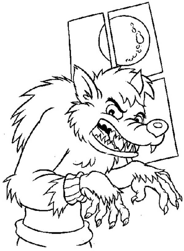 Coloriage d'un loup-garou dans une forêt nocturne