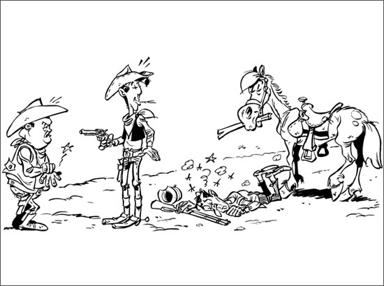 Lucky Luke tirant sur un bandit dans le désert