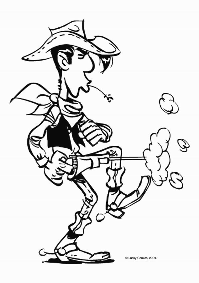 Lucky Luke en train de tirer son revolver dans le désert