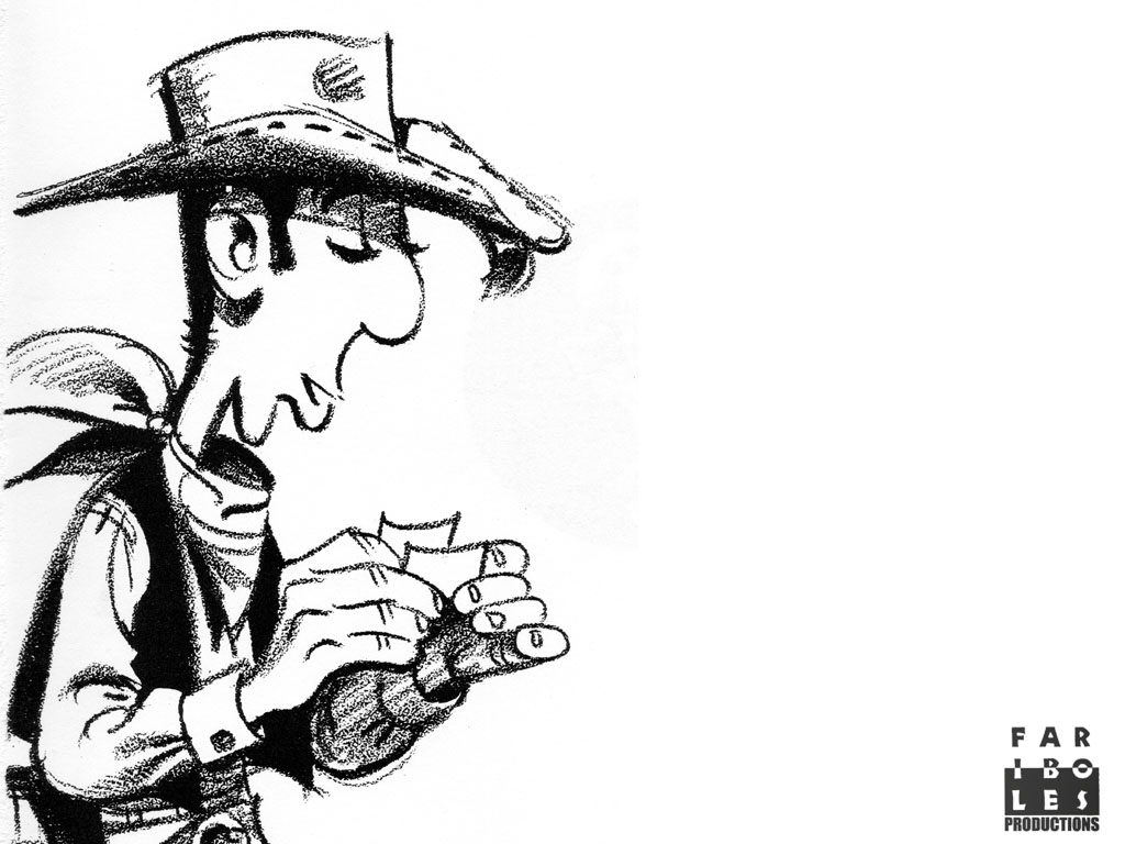 Lucky Luke montant son cheval dans le paysage du Far West
