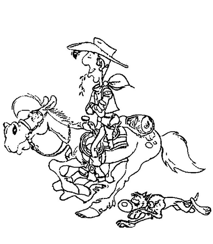 Coloriage de Lucky Luke en pleine action avec son cheval Jolly Jumper