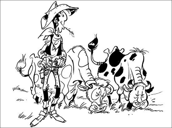 Coloriage de Lucky Luke tirant à la carabine dans le désert