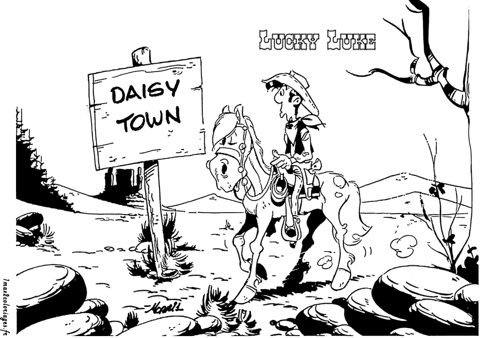 Lucky Luke chevauchant son cheval Jolly Jumper dans le Far West