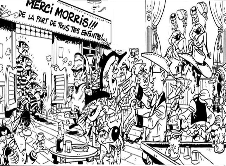 Coloriage de Lucky Luke tirant sur un bandit dans le Far West