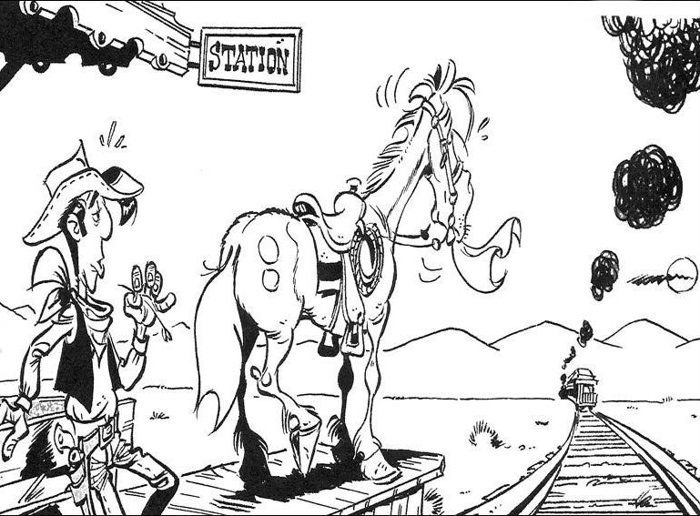 Lucky Luke et son cheval Jolly Jumper dans une prairie