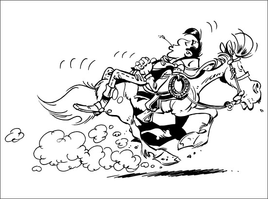 Lucky Luke et son cheval Jolly Jumper dans une scène du Far West