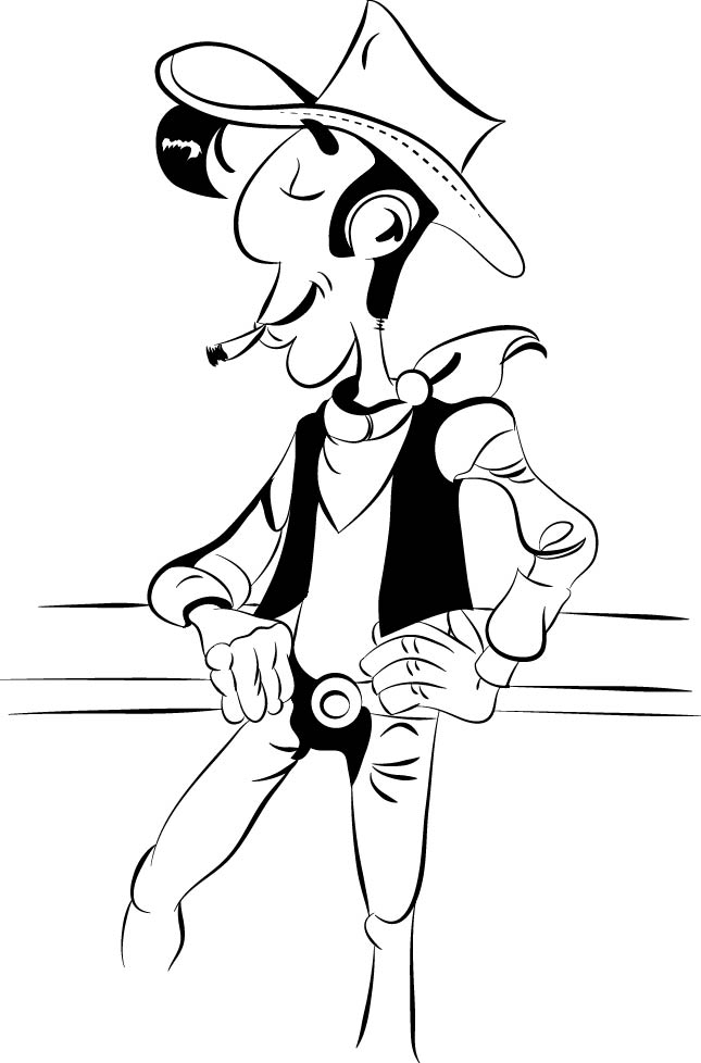 Lucky Luke en train de tirer son revolver dans le désert
