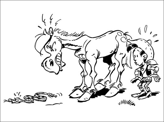Lucky Luke sur son cheval Jolly Jumper dans le Far West